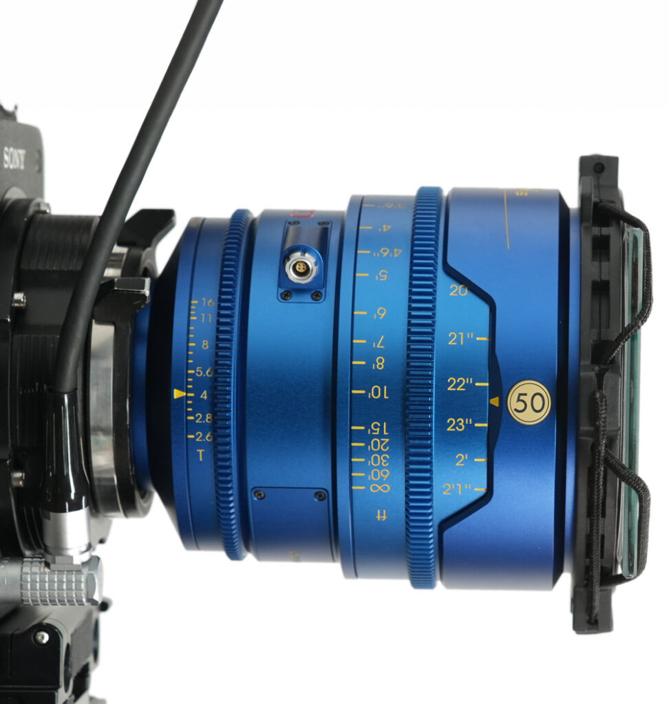 Side view of the Bun-G-Ring mounted on a Coral Anamorphic Lens – secure filter mounting system for filmmakers